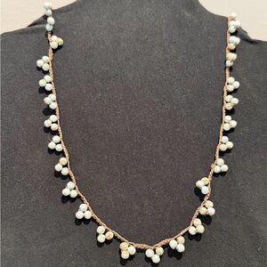 Blue Beaded Necklace with Brown Cording